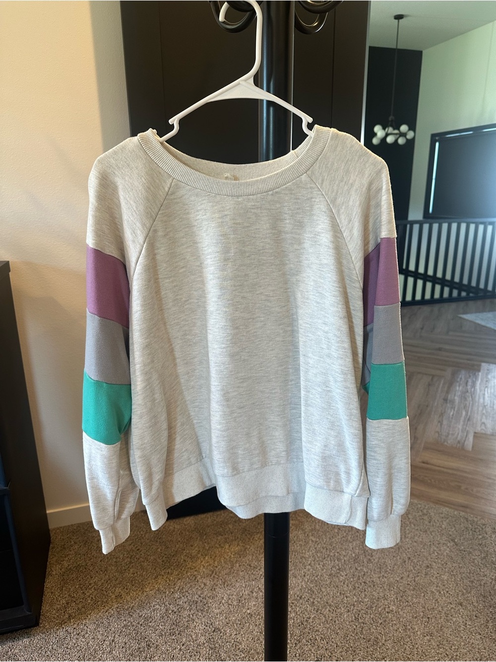 Hem & Thread Light Gray Crewneck Sweatshirt with Purple and Teal Sleeve Panels